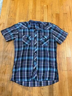 Western Wrangler Men’s Large Tall Short-Sleeve Blue Plaid Pearl Snap Shirt Rodeo